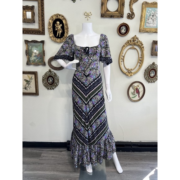 Vintage Dresses & Skirts - Vintage 70s Purple Floral Patchwork Maxi Dress Size S